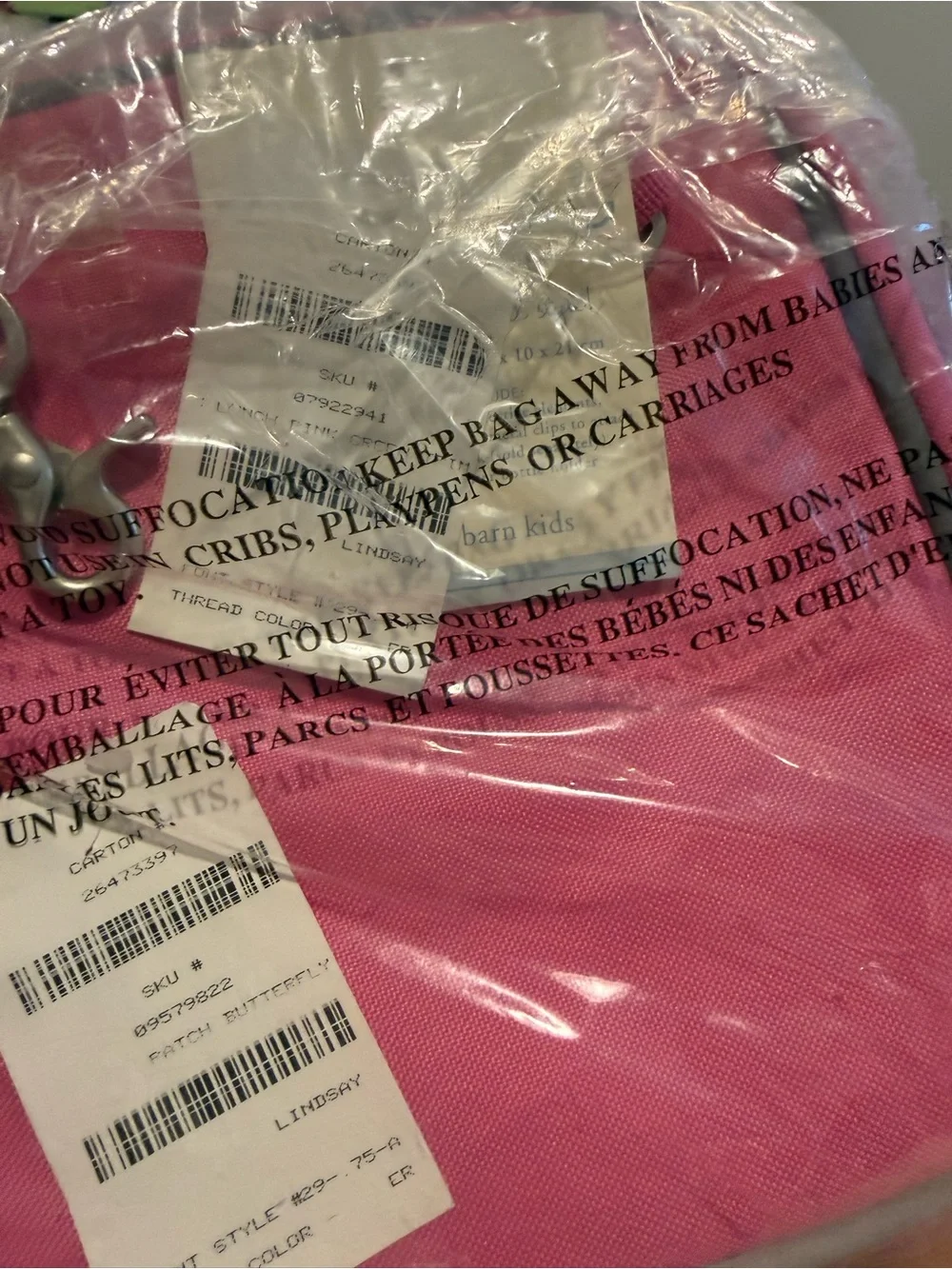 Pottery Barn Kids Pink Butterfly Lunch Bag with Green Trim